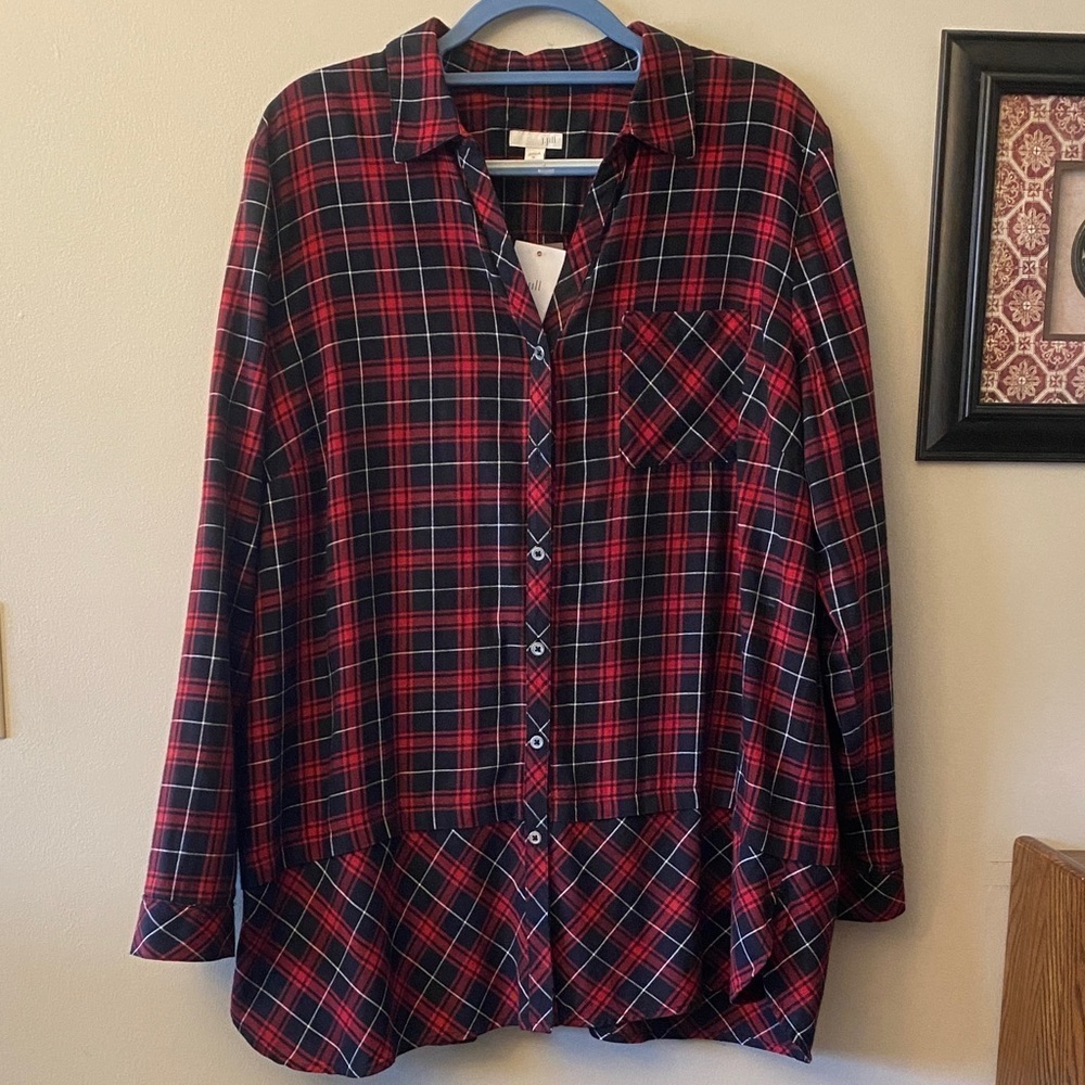 J. Jill Red and Black Plaid tunic Button-Up Shirt 🆕